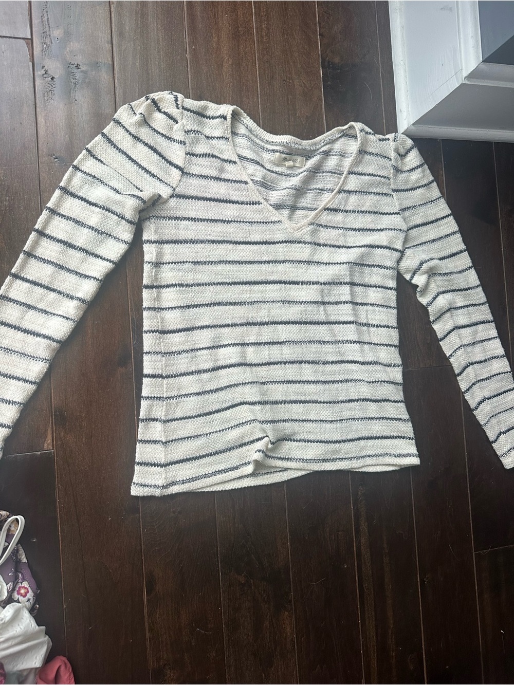 Madewell Cream & Black Striped V-Neck Long Sleeve Top